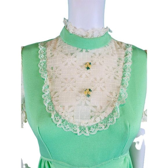 Vintage 70s Mint Dress Womens Small Green Polyester Lace Yoke Mod Babydoll - Picture 4 of 10